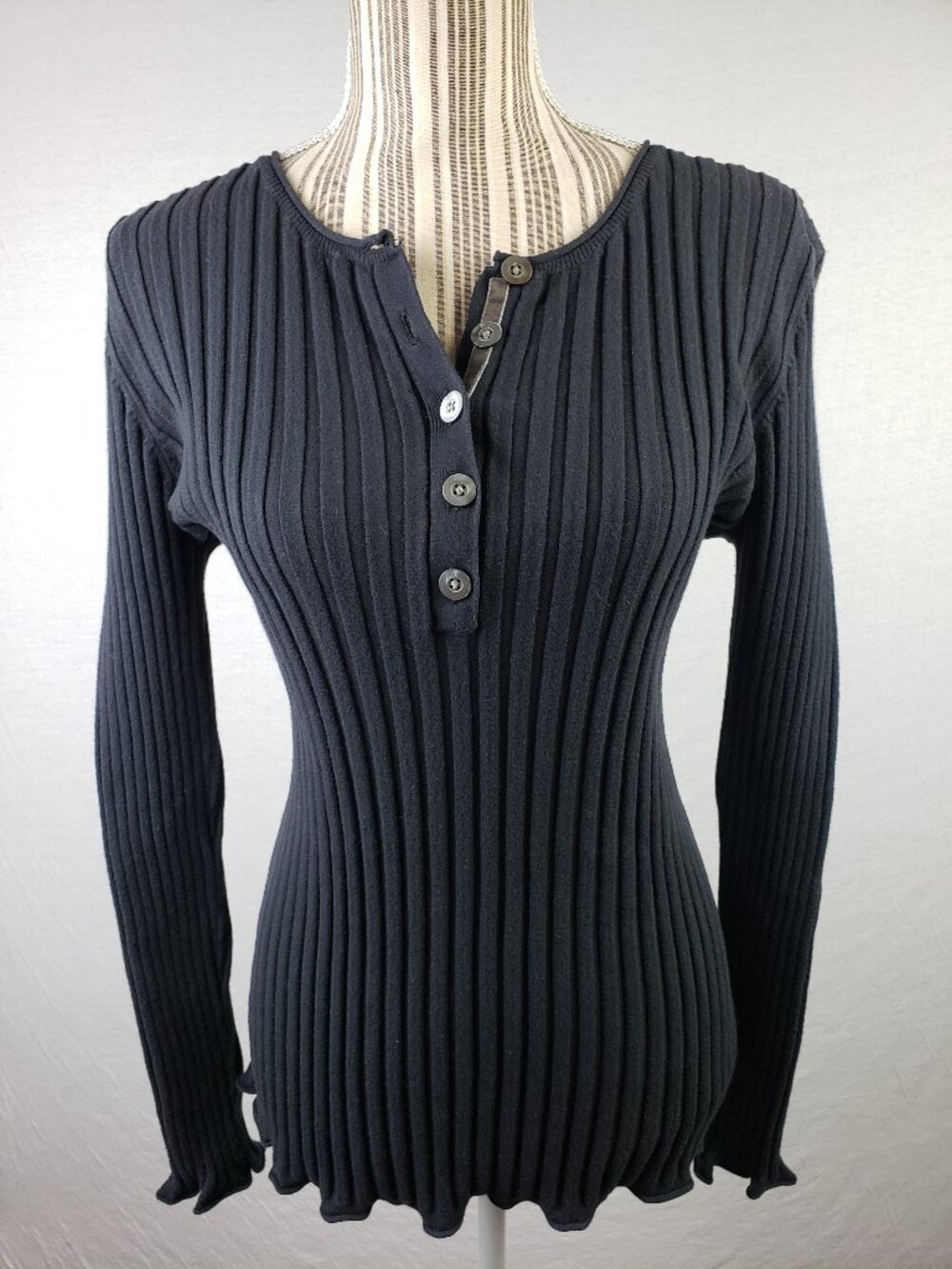 Sundance Ribbed Henley Top Long-Sleeve Thermal Black Stretchy size XL Slim Fit